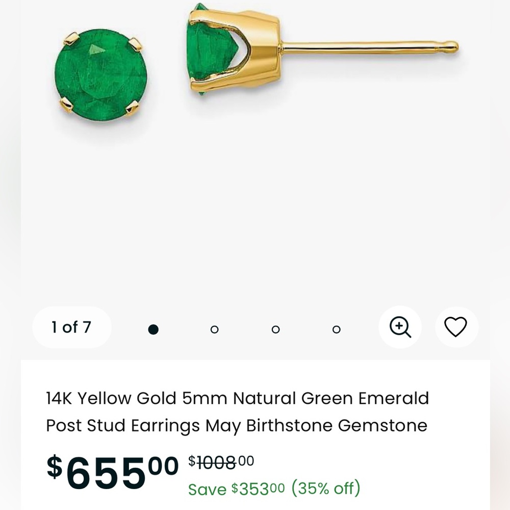 14 KT yellow gold 5 mm. natural emerald post stud Earrings May birthstone